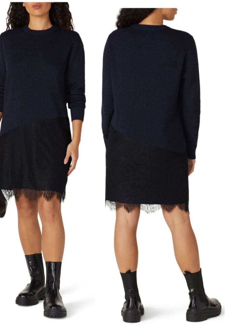 Thakoon Collective Asymmetric Lace Sweater Dress Navy and Black Size Small